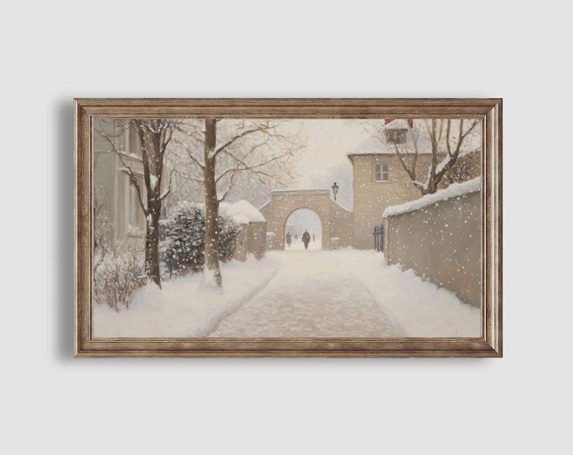 Snowy Lane Stone Archway Figures Old Town Winter Walk Poster - Image 2