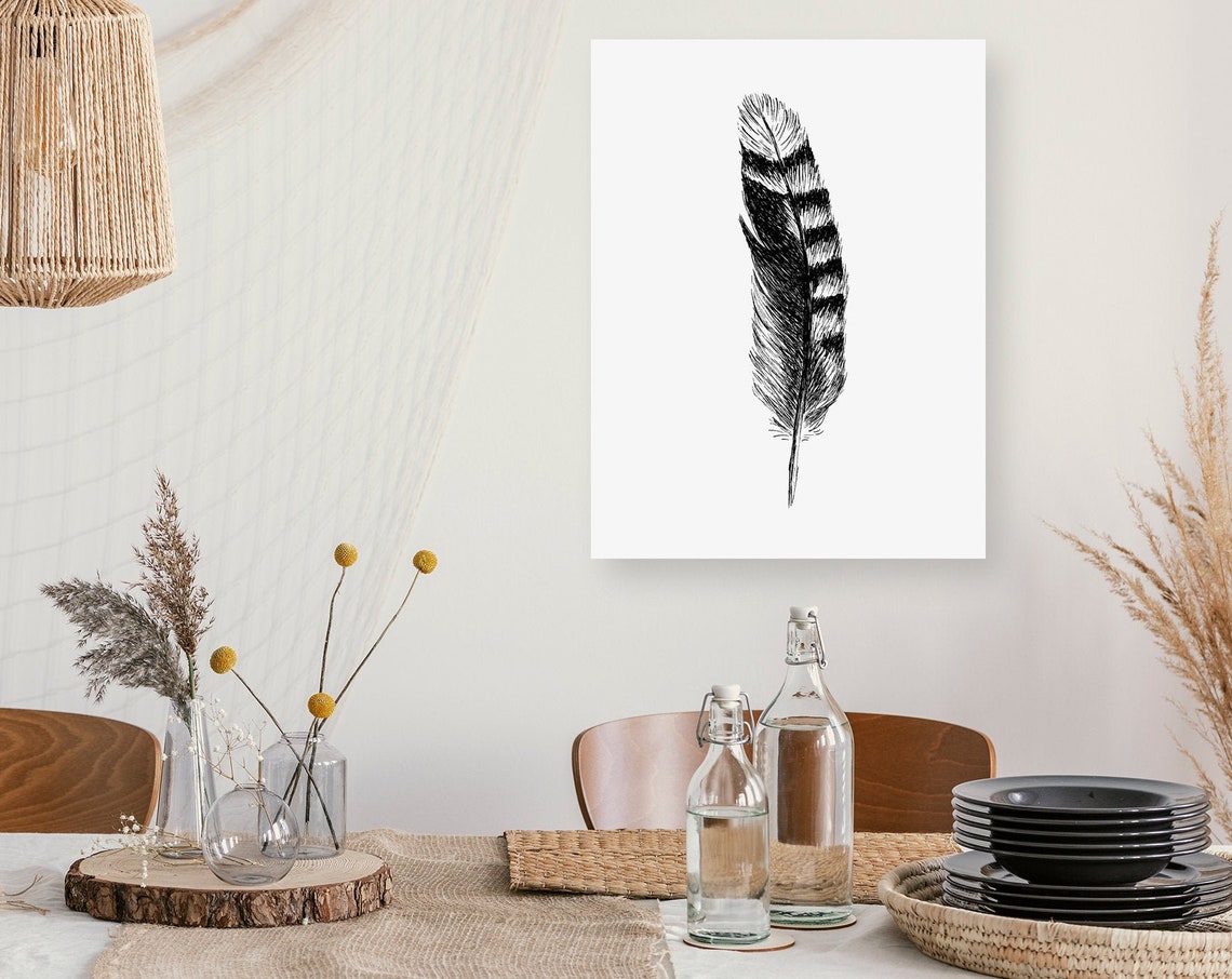 Barred Feather Ink Sketch Minimalist Black White Nature Decor Poster