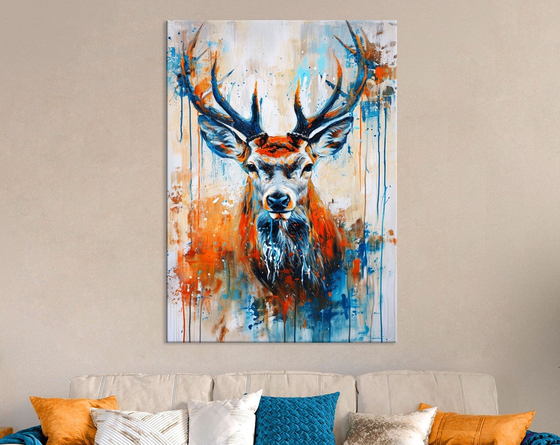 Minimalist Stag Head Poster with Blue and Orange Paint Drips Art - Image 2