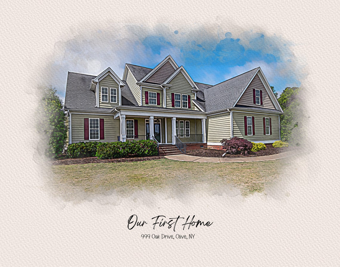 Our First Home Olive NY Soft Gray Sky Watercolor House Portrait Poster - Image 2