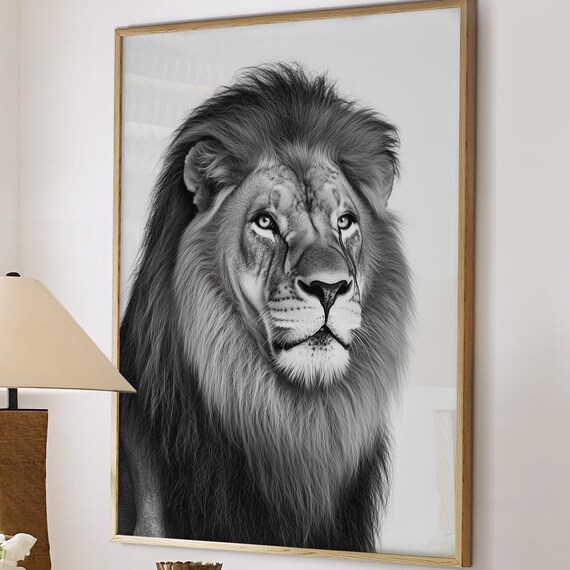 Male Lion With Full Mane Black and White Portrait Animal Wall Art