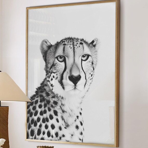 Black and White Cheetah Face Close Up Portrait Photography Wall Art