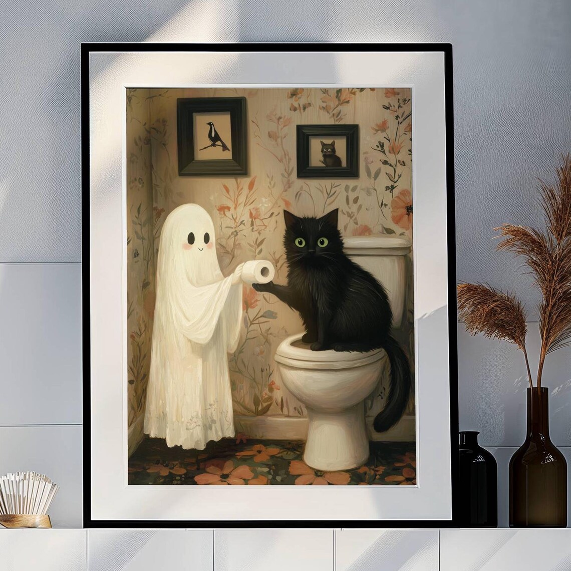 Ghost Handing Toilet Paper to a Black Cat on a Toilet Poster - Image 7