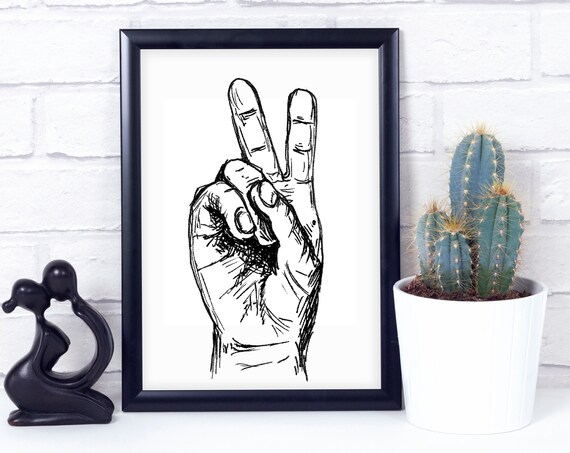 Peace Sign Hand Sketch Black and White Line Art V Gesture Poster