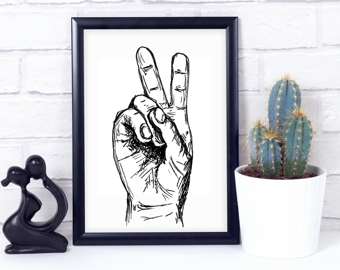 Peace Sign Hand Sketch Black and White Line Art V Gesture Poster