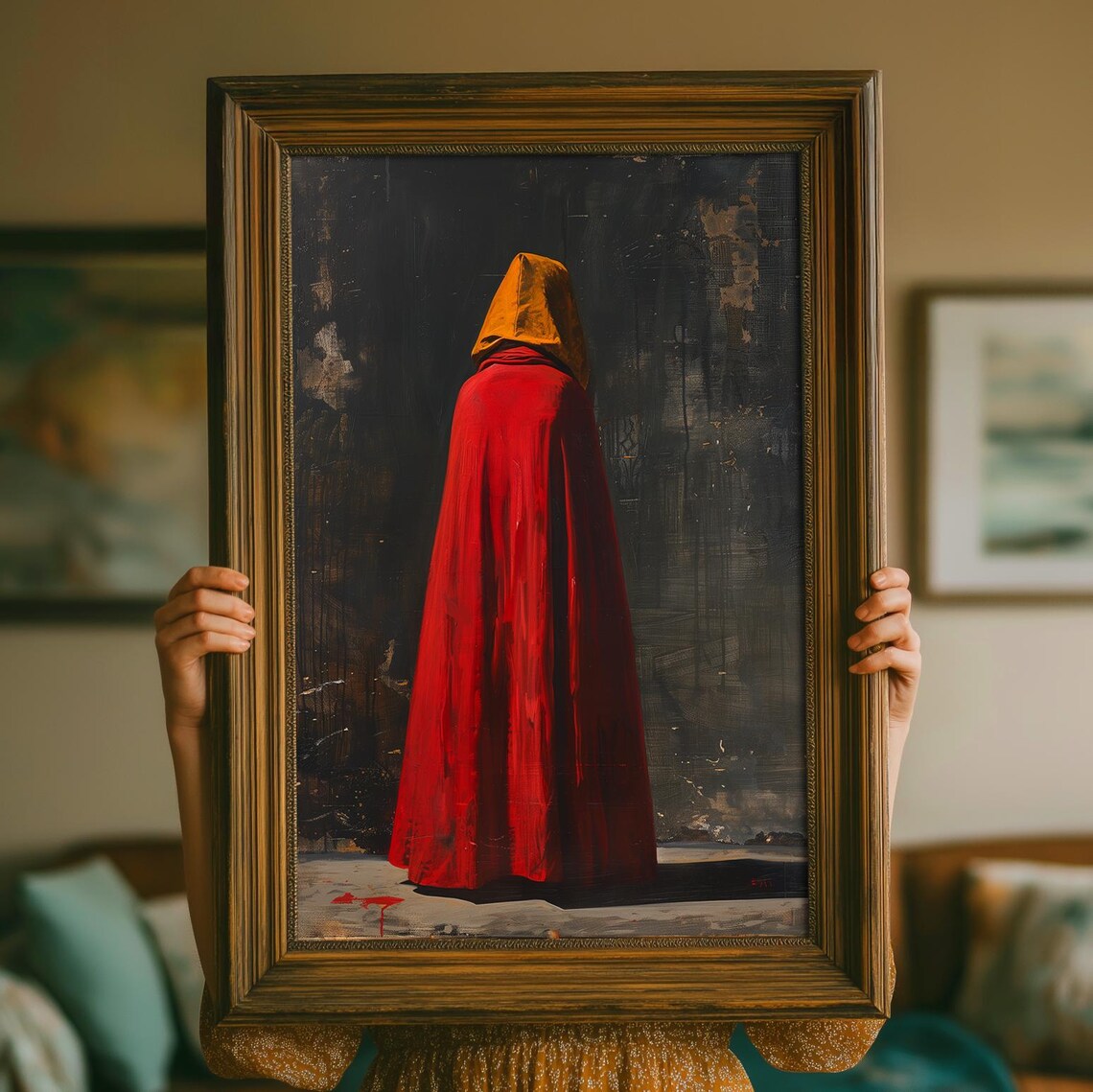 Crimson Silence Red Hooded Figure Dark Gothic Painting Art Poster