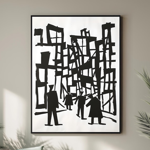Brutalist Cityscape Ink Figures Black and White Urban Art Poster