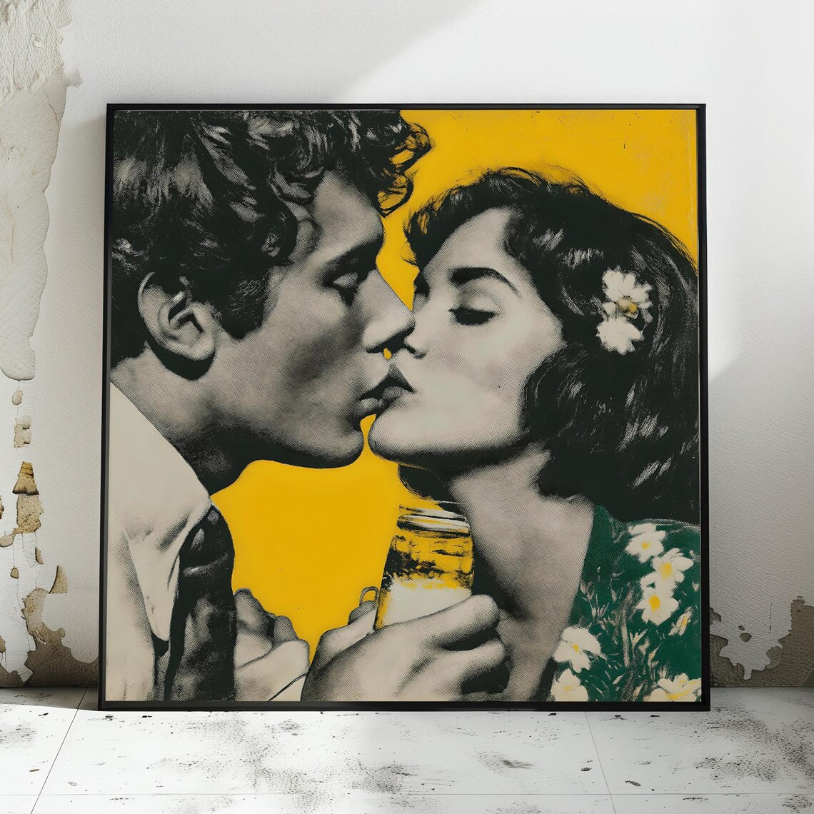 Retro Couple Kiss Yellow Pop Art Daisies Romantic Vintage Poster