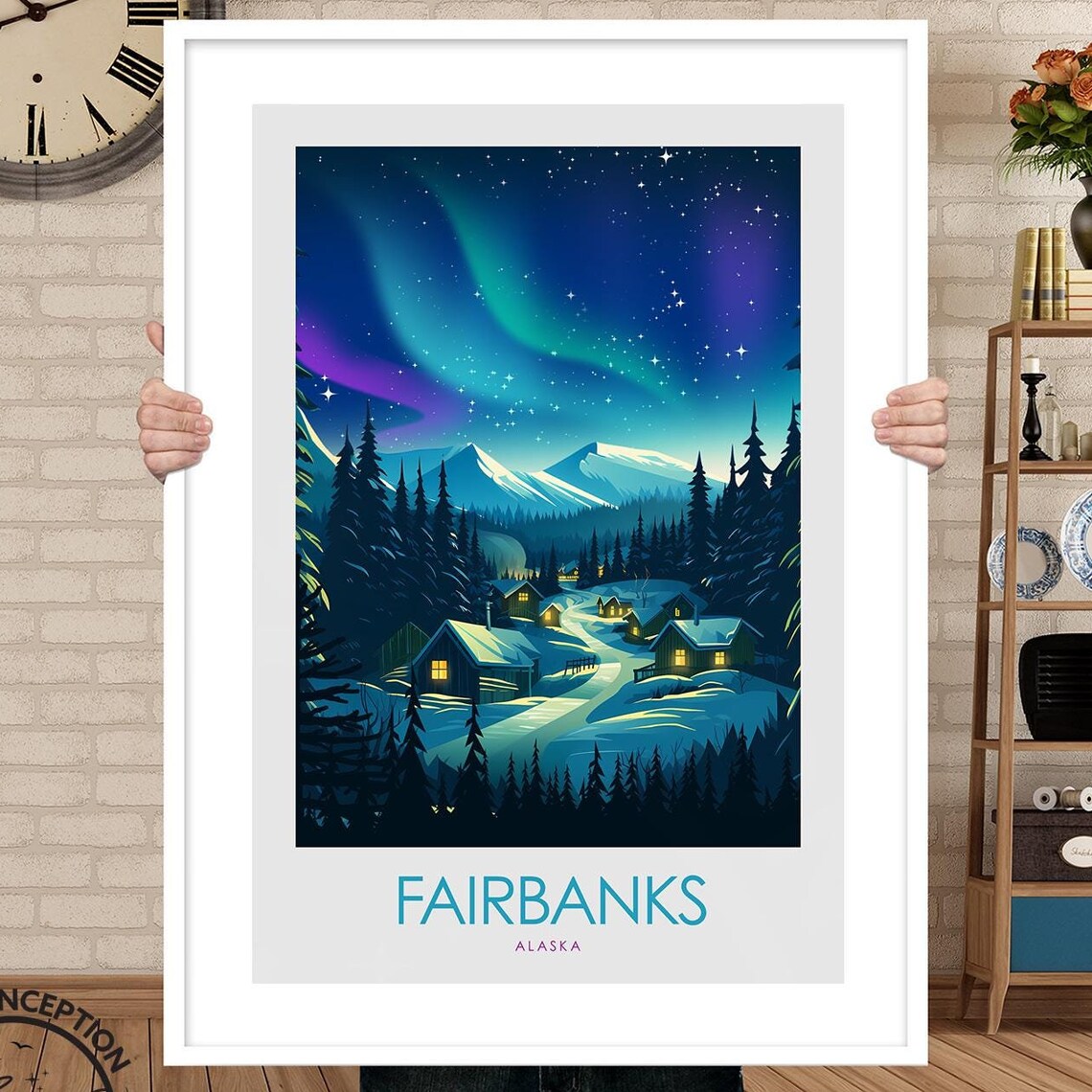 Fairbanks Alaska Travel Poster, Northern Lights Art Print - Image 3
