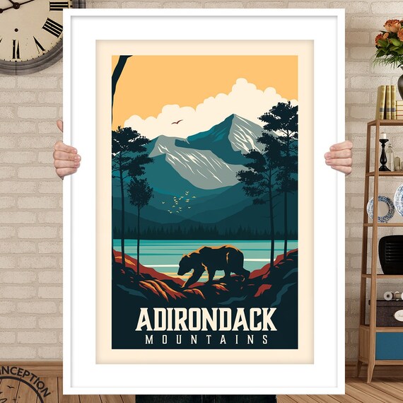 Adirondack Mountains Black Bear Lake Sunset Vintage Travel Poster