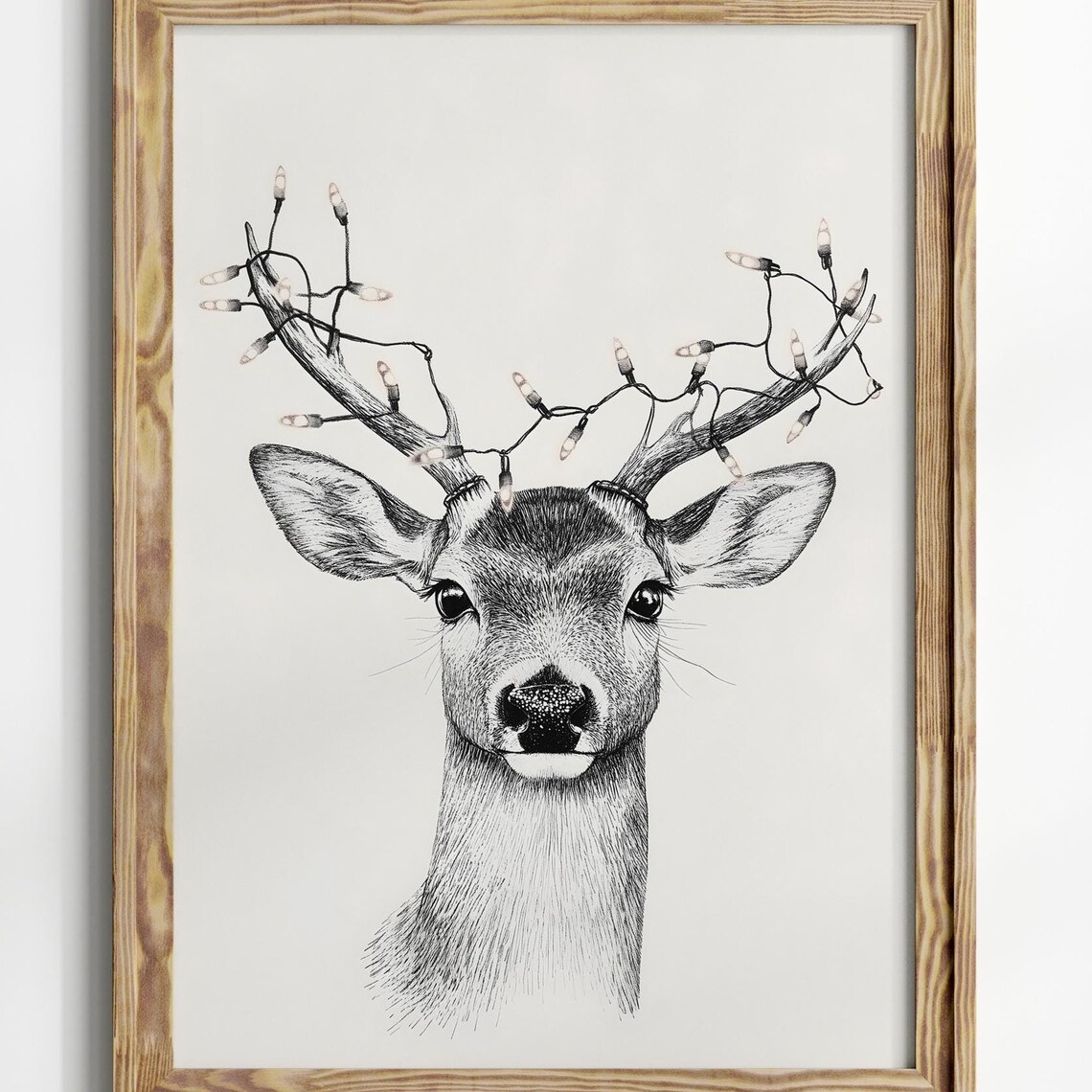 Reindeer Portrait With Fairy Lights On Antlers Ink Drawing Poster