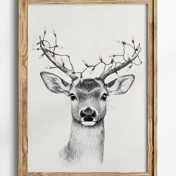 Cute Reindeer Drawing Christmas Reindeer Art Christmas Wall Art Reindeer Wall Art Xmas Print Neutral Colors