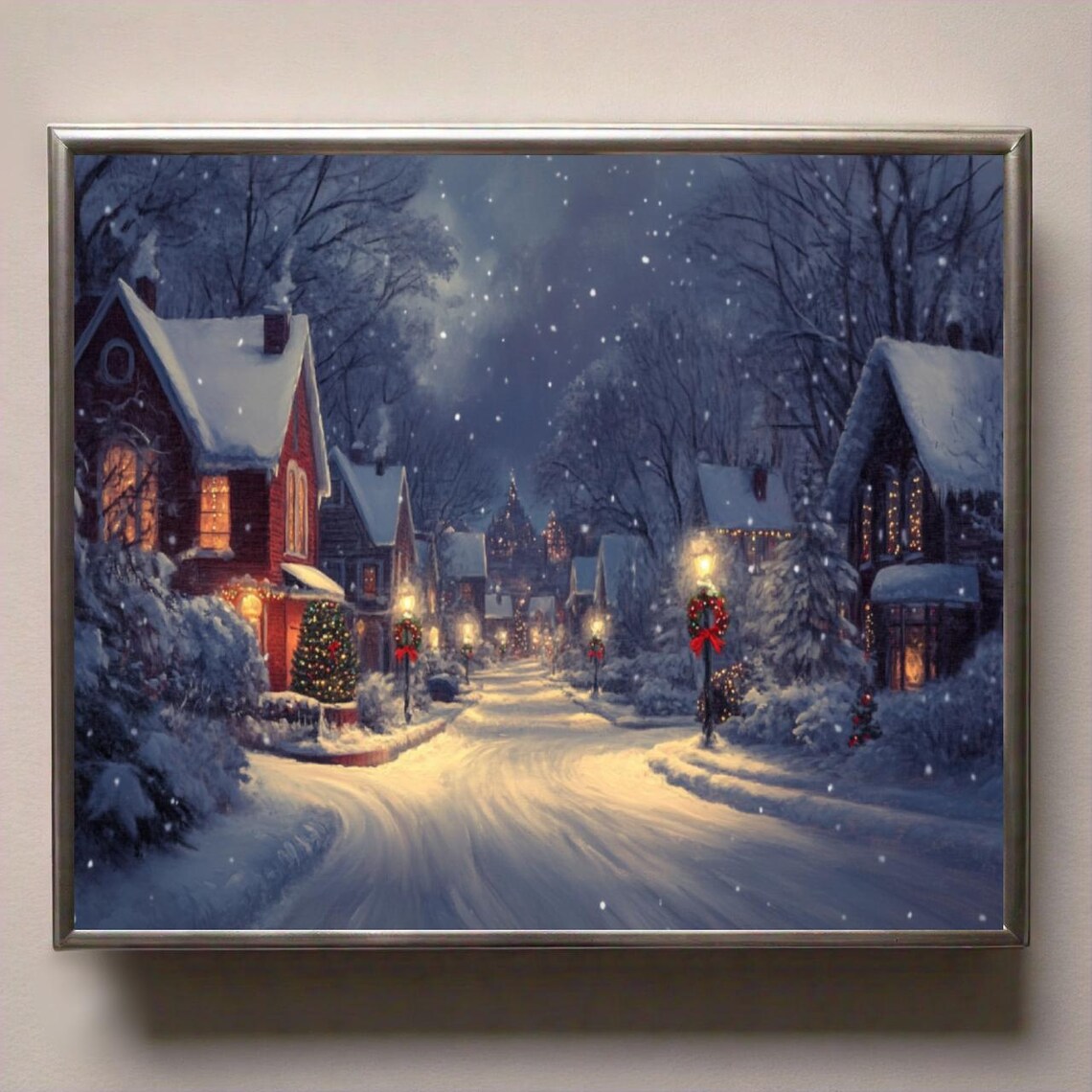 Winter Christmas Village Art Print, Holiday Wall Art