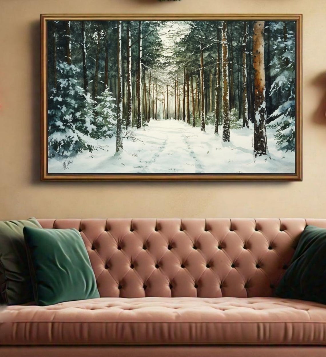 Snowy Pine Forest Sunlit Trail Winter Watercolor Landscape Poster