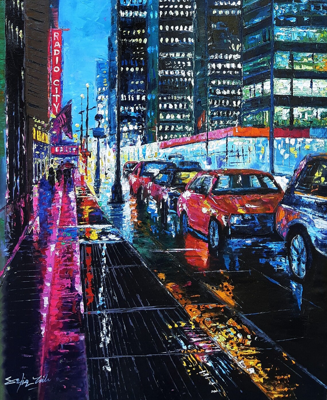 Radio City Music Hall New York Rainy Night Oil Painting Art Poster