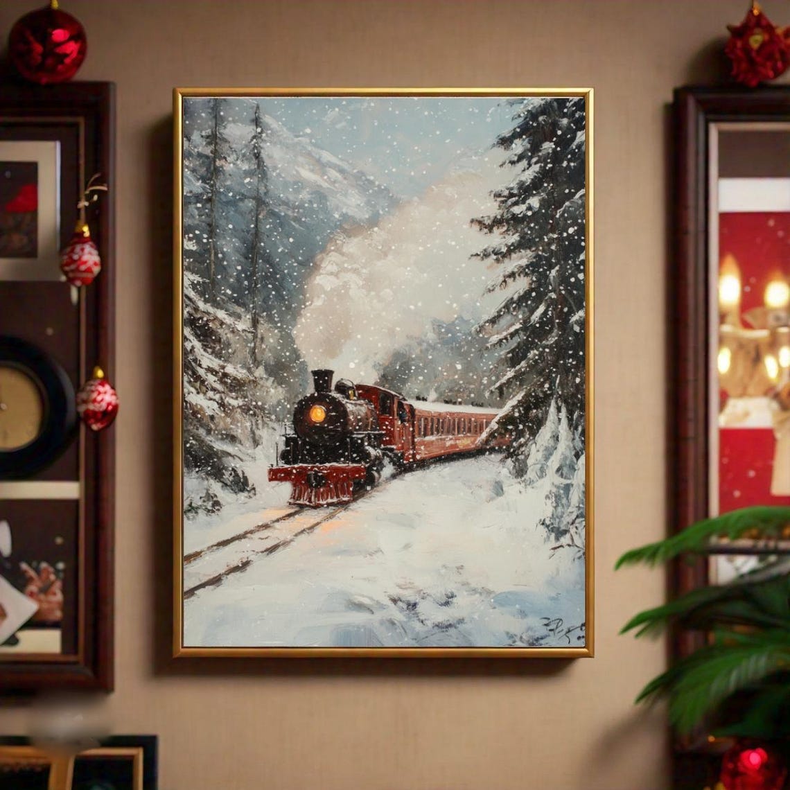 Vintage Steam Train Through Snowy Mountains Winter Railroad Art Poster