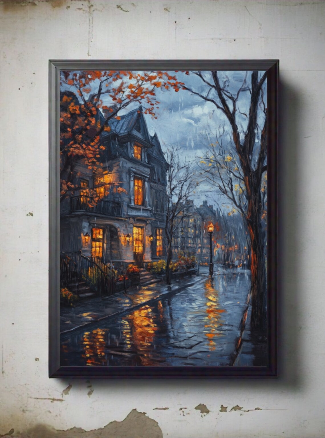 Rainy Autumn Street Victorian Houses Glowing Windows Night Poster - Image 2
