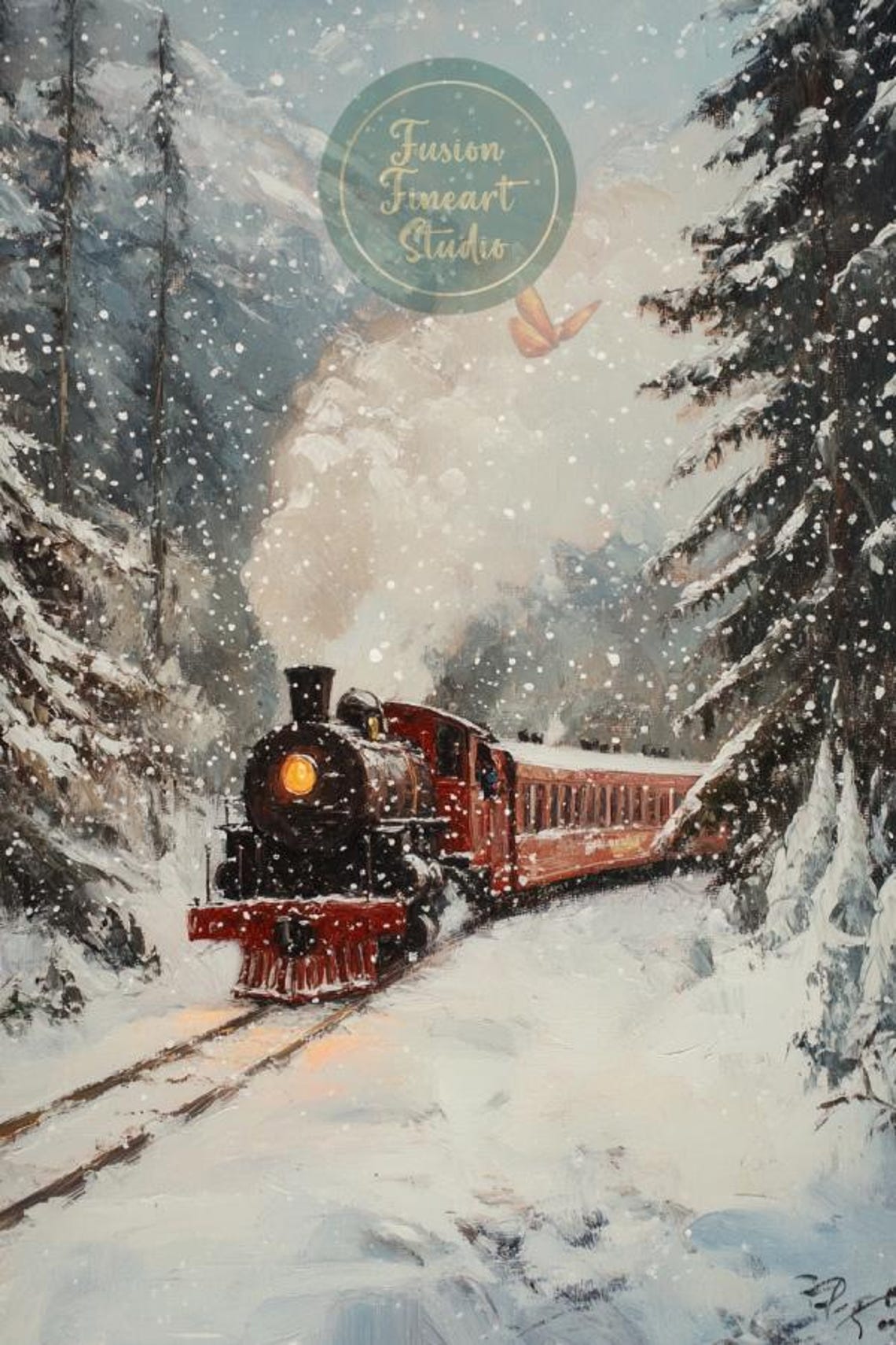 Vintage Steam Train Through Snowy Mountains Winter Railroad Art Poster - Image 3