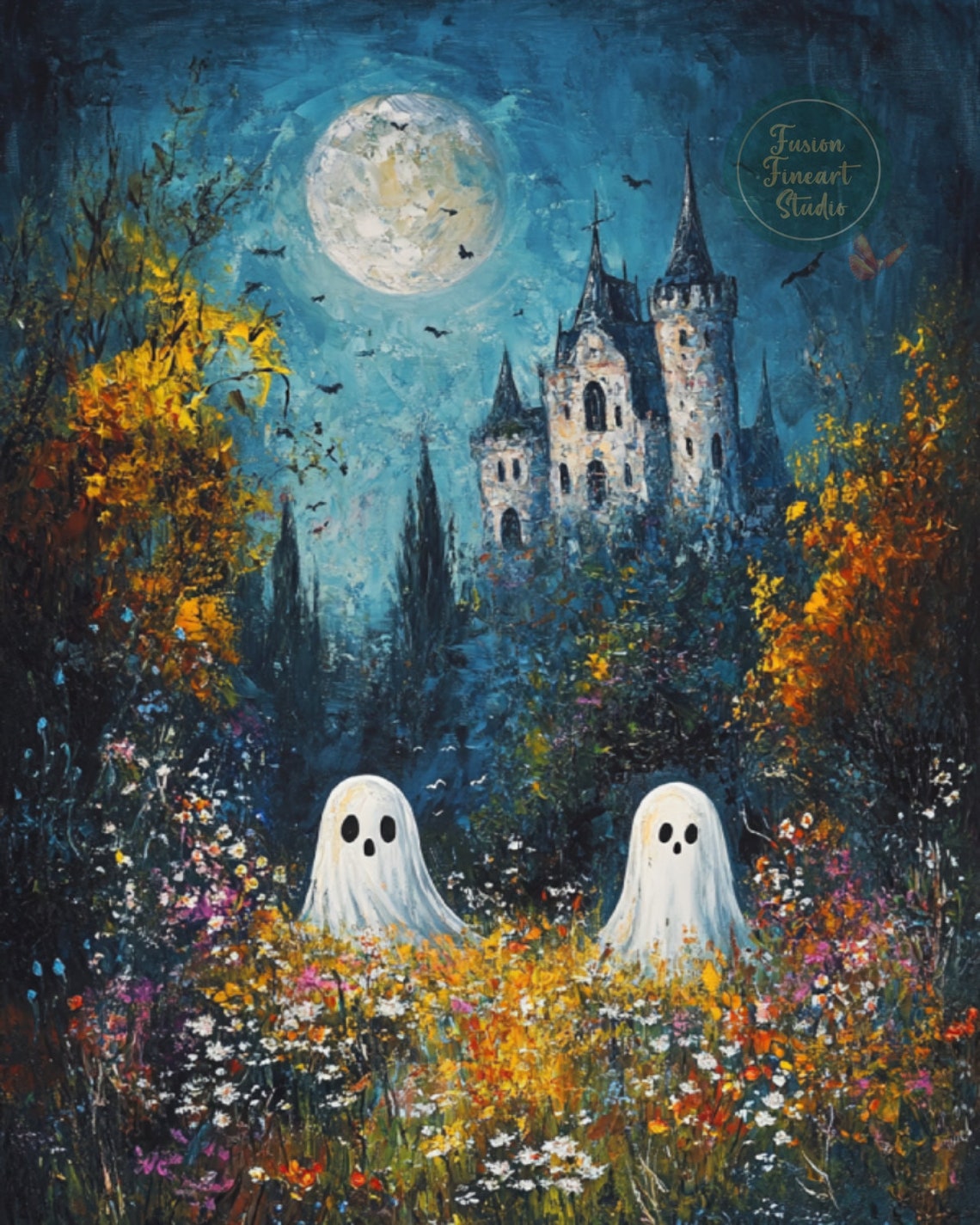 Two Ghosts in Wildflower Field Gothic Castle Full Moon Night Poster - Image 3
