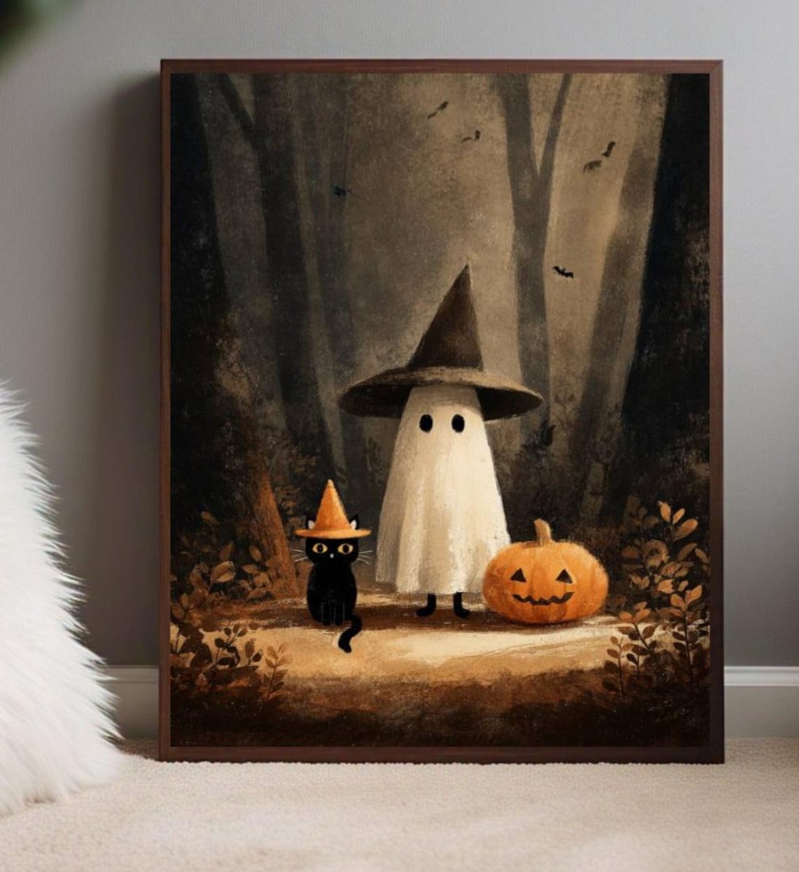 Cute Black Cat In Dark Forest, Vintage Halloween Art Print