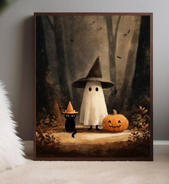 Cute Black Cat In Dark Forest, Vintage Halloween Art Print