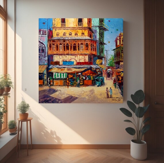 Old City Indian Art Oil Painting, Textured Cityscape