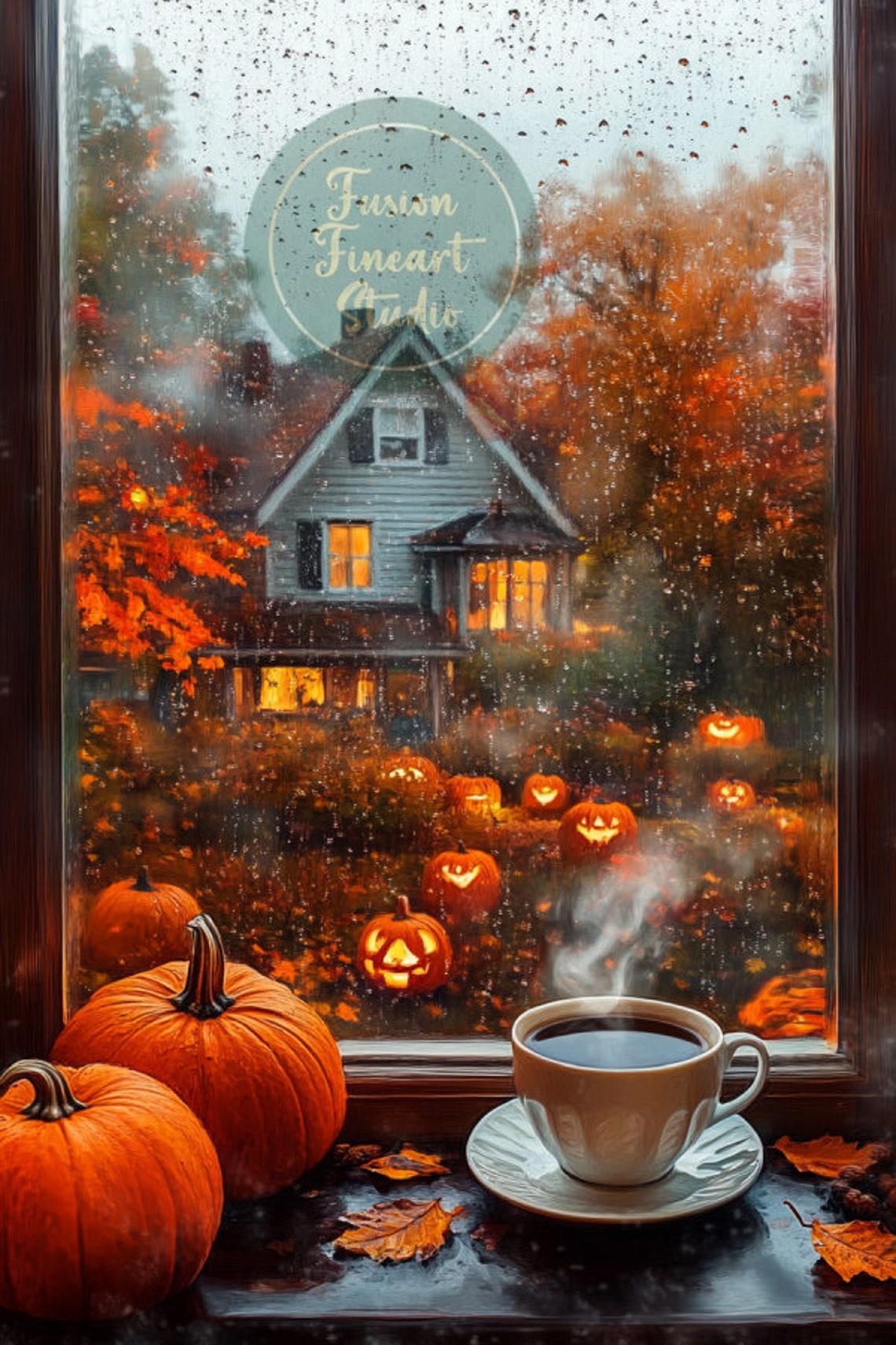 Rainy Fall Window Coffee Pumpkins Jack O Lanterns Farmhouse Art Poster - Image 3