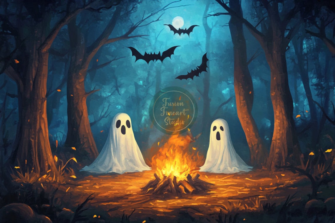 Cute Ghosts At Campfire Halloween Art Print Gothic Decor Ghost Print Spooky Halloween Wall Art Instant Jpg - Image 3