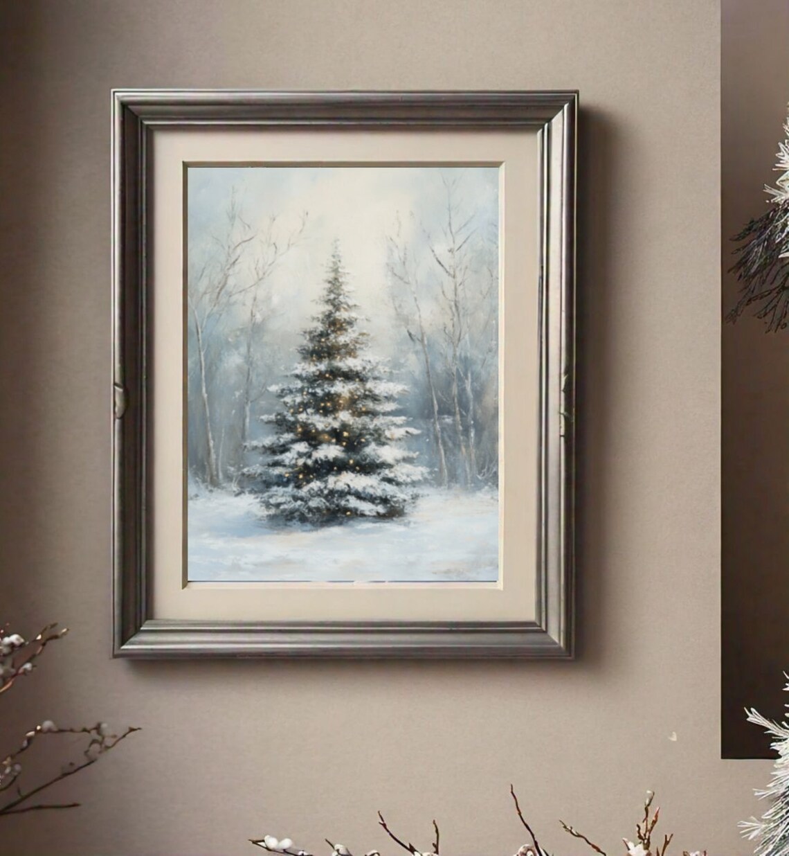 Snow Covered Evergreen in Misty Winter Forest Minimalist Art Poster - Image 2