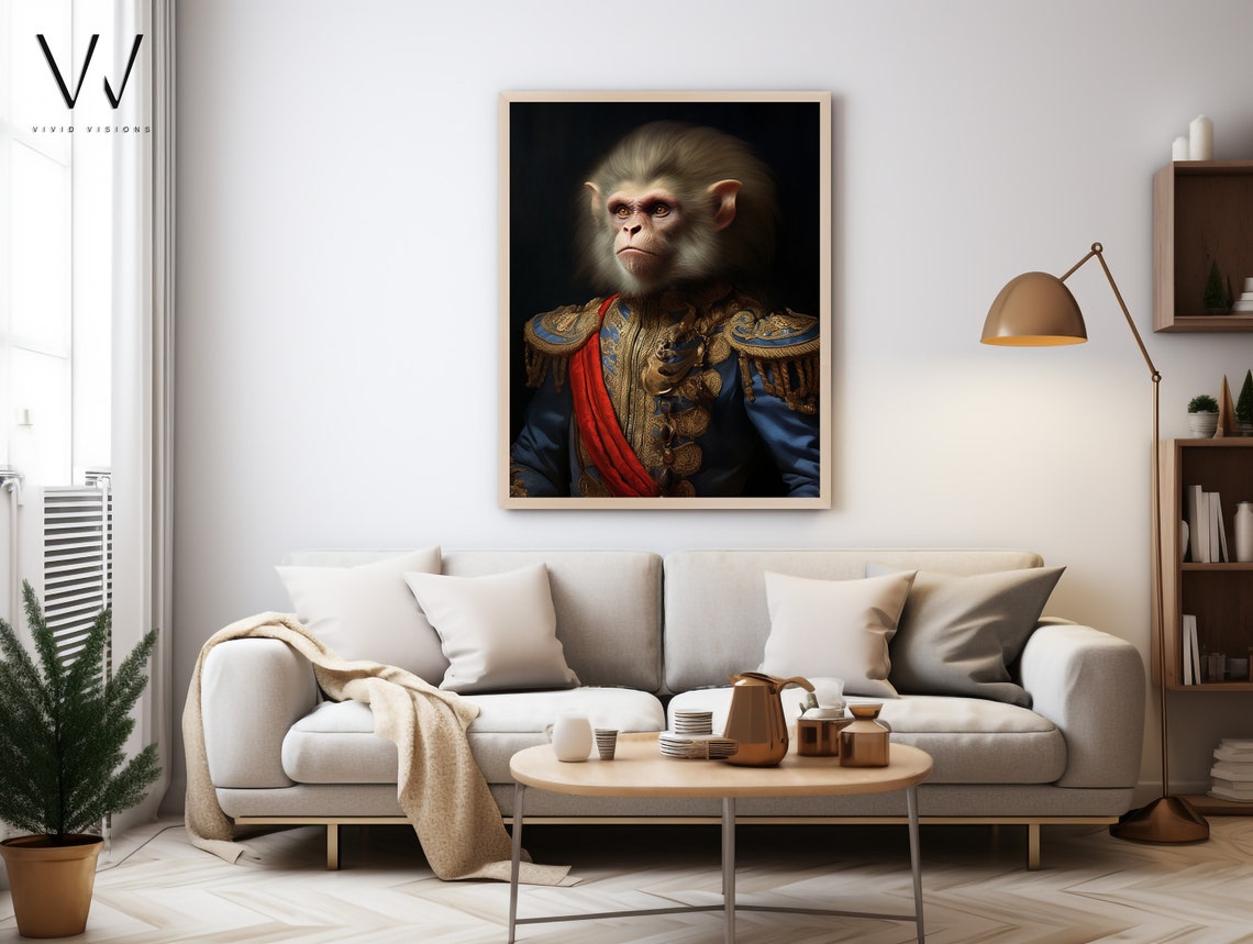 Monkey General Portrait Blue Military Uniform Red Sash Royal Poster - Image 4