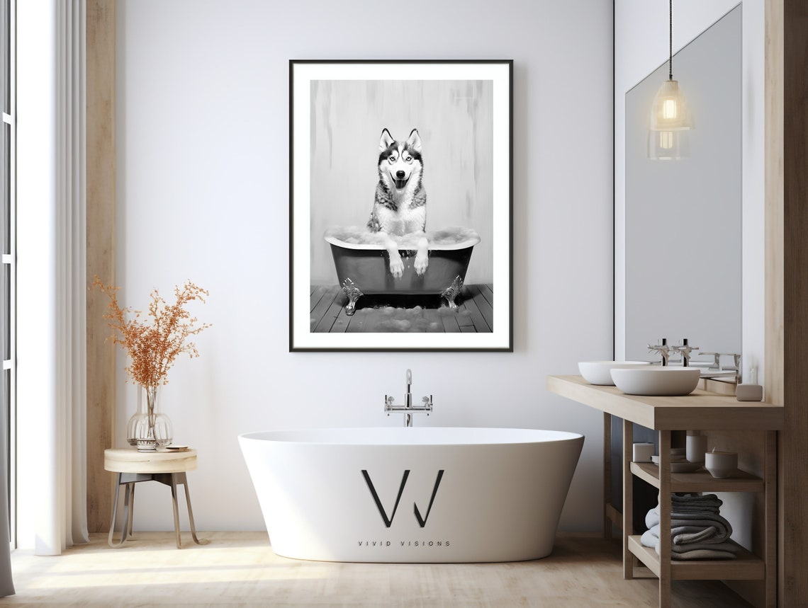 Siberian Husky Bubble Bath Black White Funny Bathroom Poster - Image 3