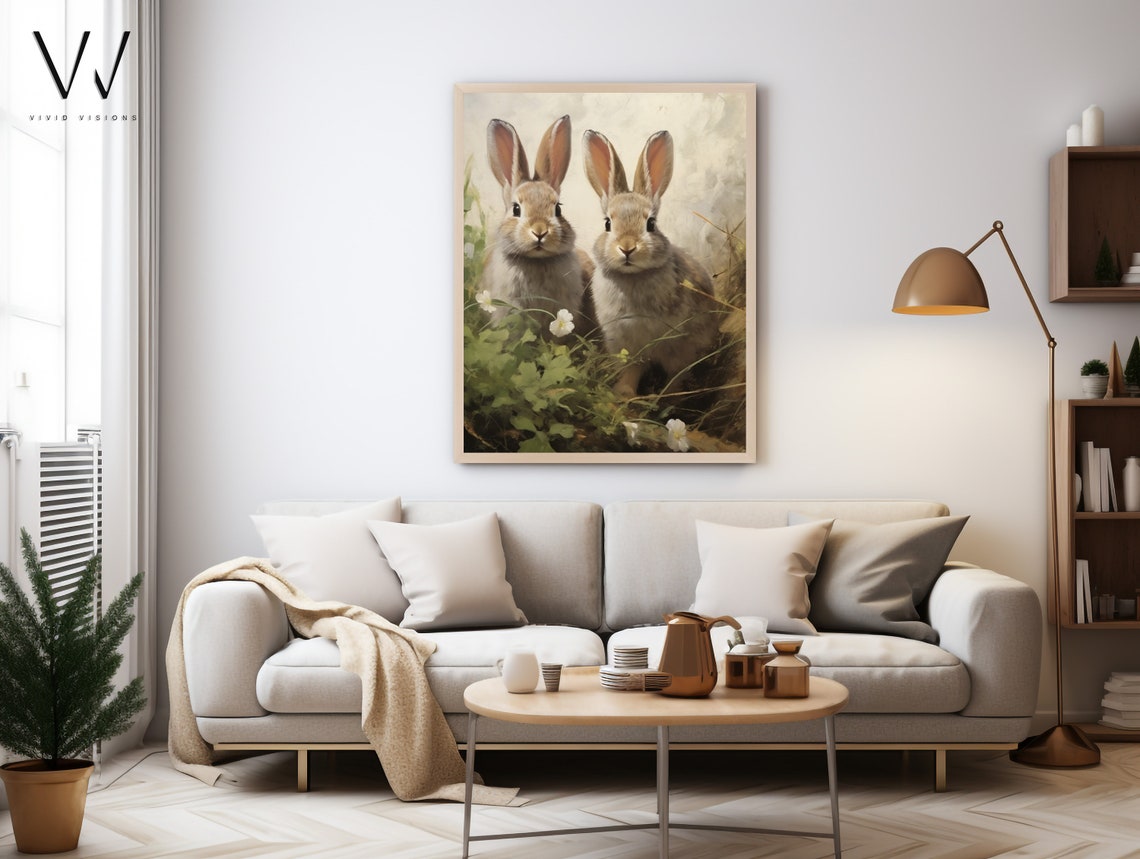 Bunny Pair among Clover and Wildflowers Vintage Rabbit Poster - Image 4