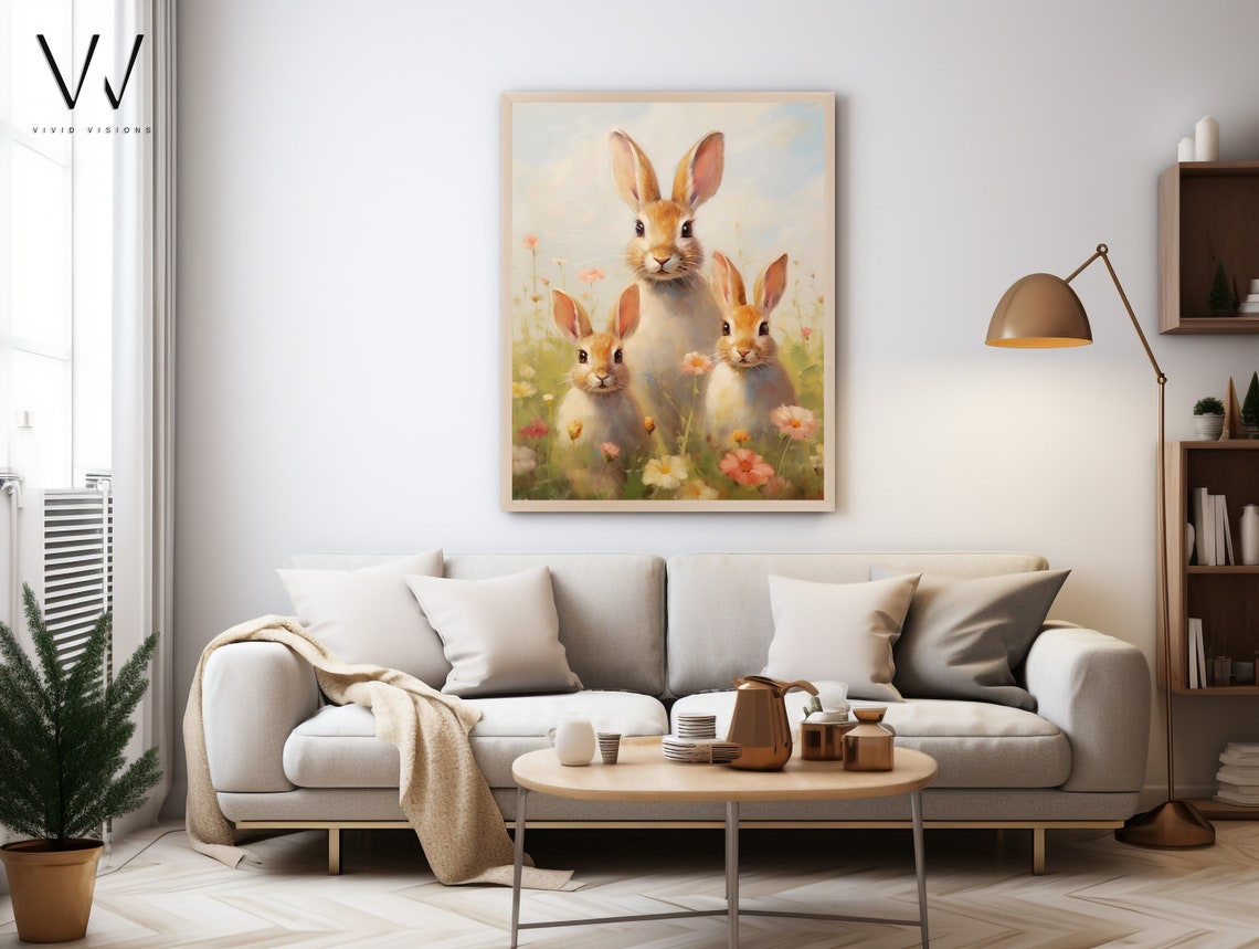 Three Cute Bunnies Playing in a Wildflower Meadow Spring Poster - Image 3