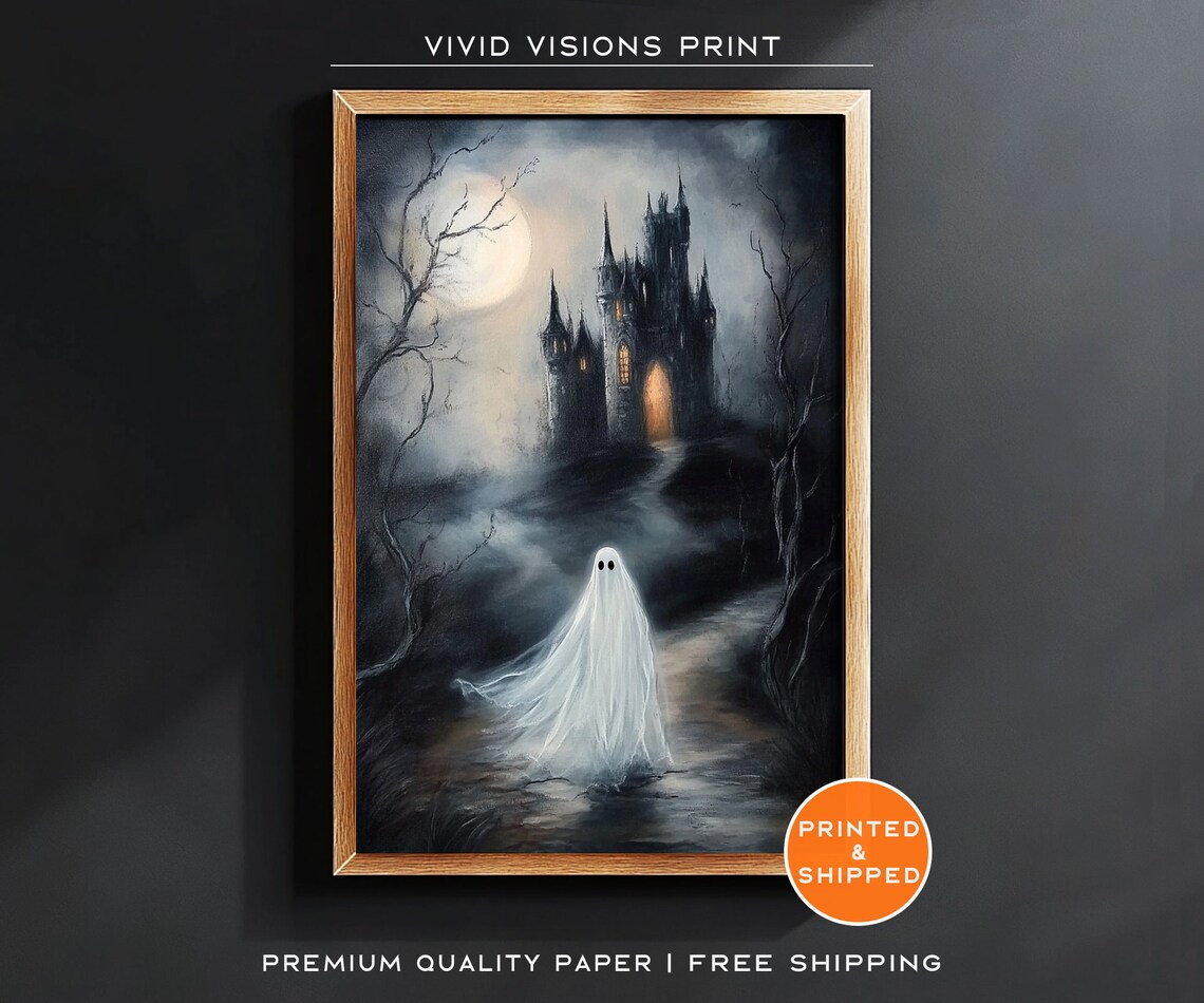 Ghost Before A Haunted Gothic Castle Poster Moonlit Halloween Night Art