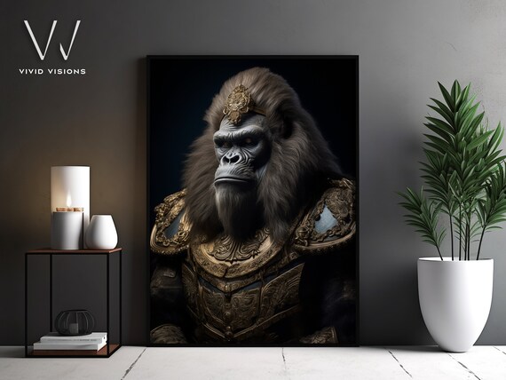King Gorilla Gold Armor Crown Ornament Dark Regal Animal Poster