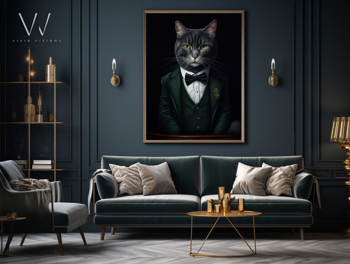 Gray Tabby Cat Portrait Green Suit Black Bow Tie Gentleman Poster - Image 4