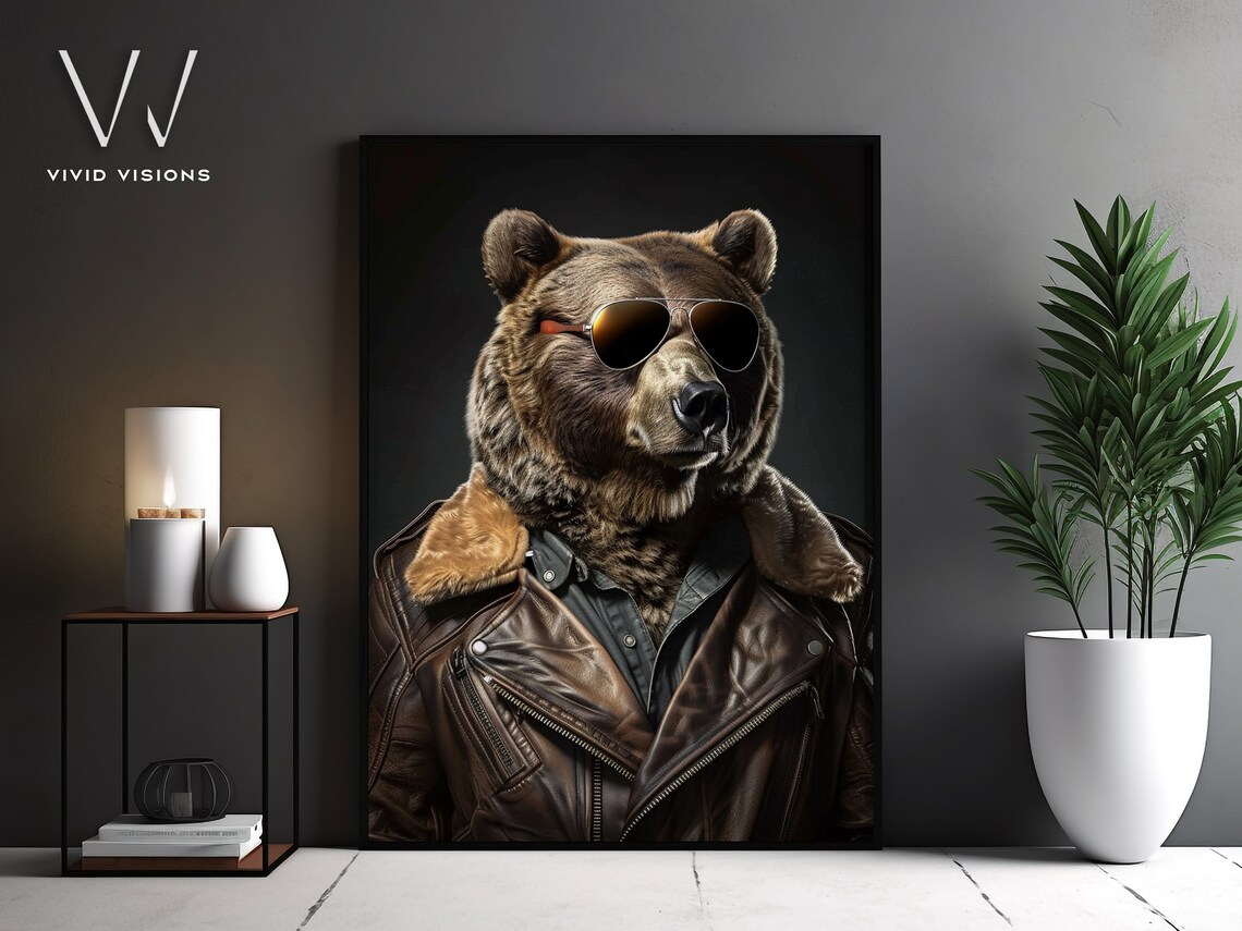 Modern Bear Portrait in Sunglasses, Vintage Style Art Print