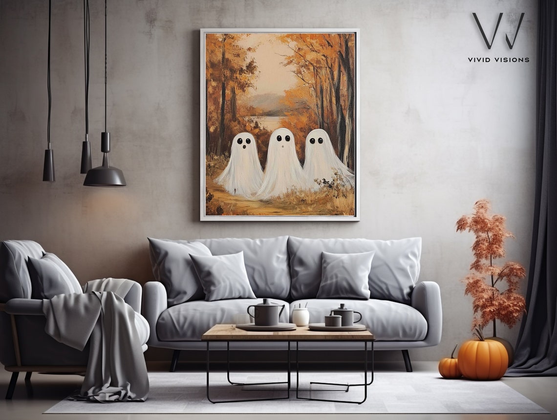 Three Cute Ghosts On A Forest Path Poster Autumn Halloween Wall Decor - Image 4