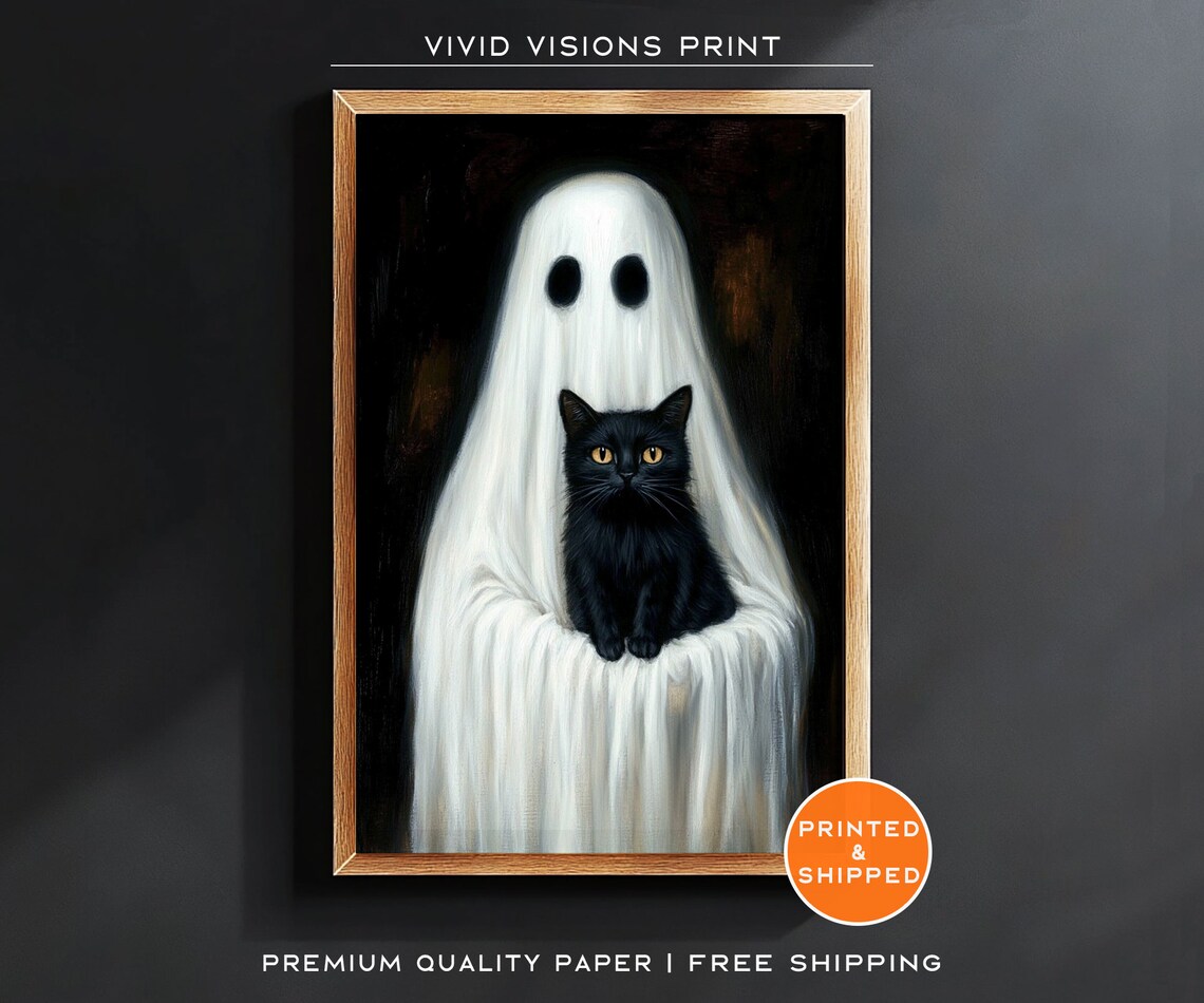 Ghost Holding Black Cat Poster, Vintage Gothic Art
