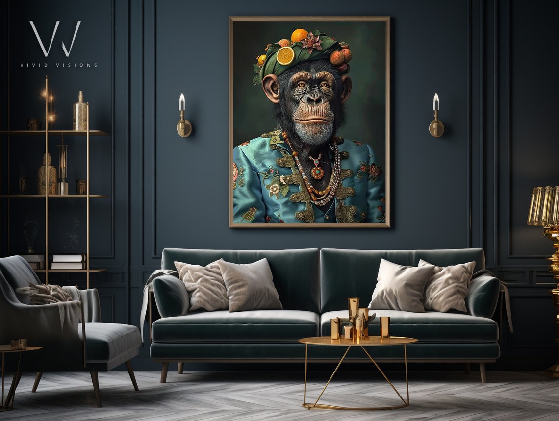 Chimpanzee in Fruit Turban Royal Embroidered Coat Baroque Poster - Image 3