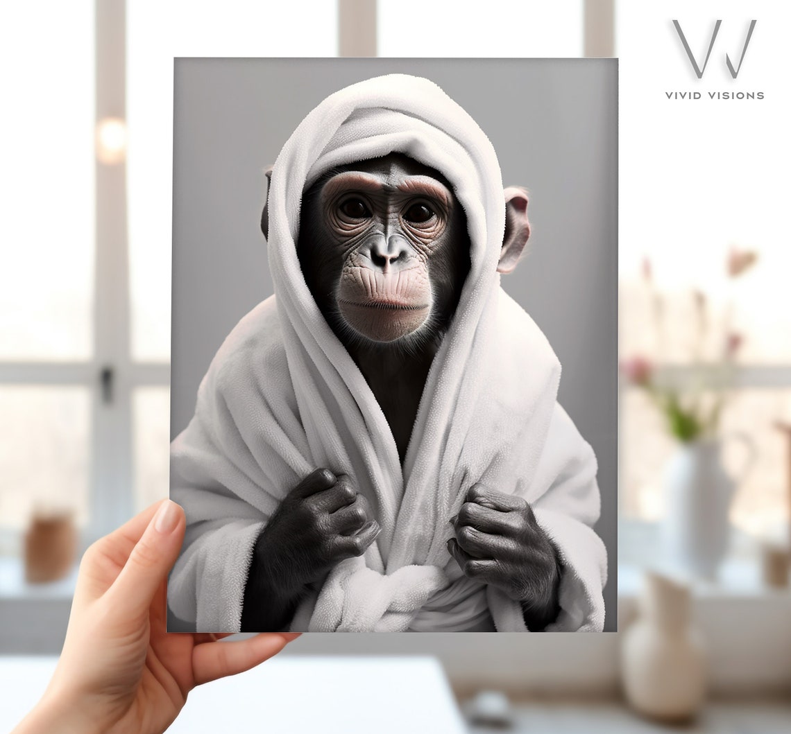Cute Chimpanzee Wearing a White Bathrobe Hood Funny Bathroom Poster - Image 4
