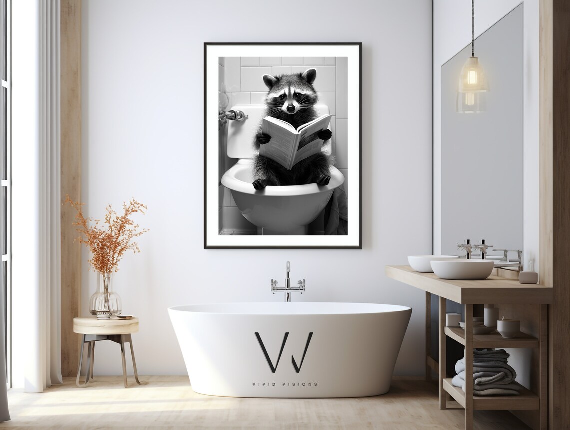 Raccoon Sitting on the Toilet Rustic Bath Art Print - Image 3