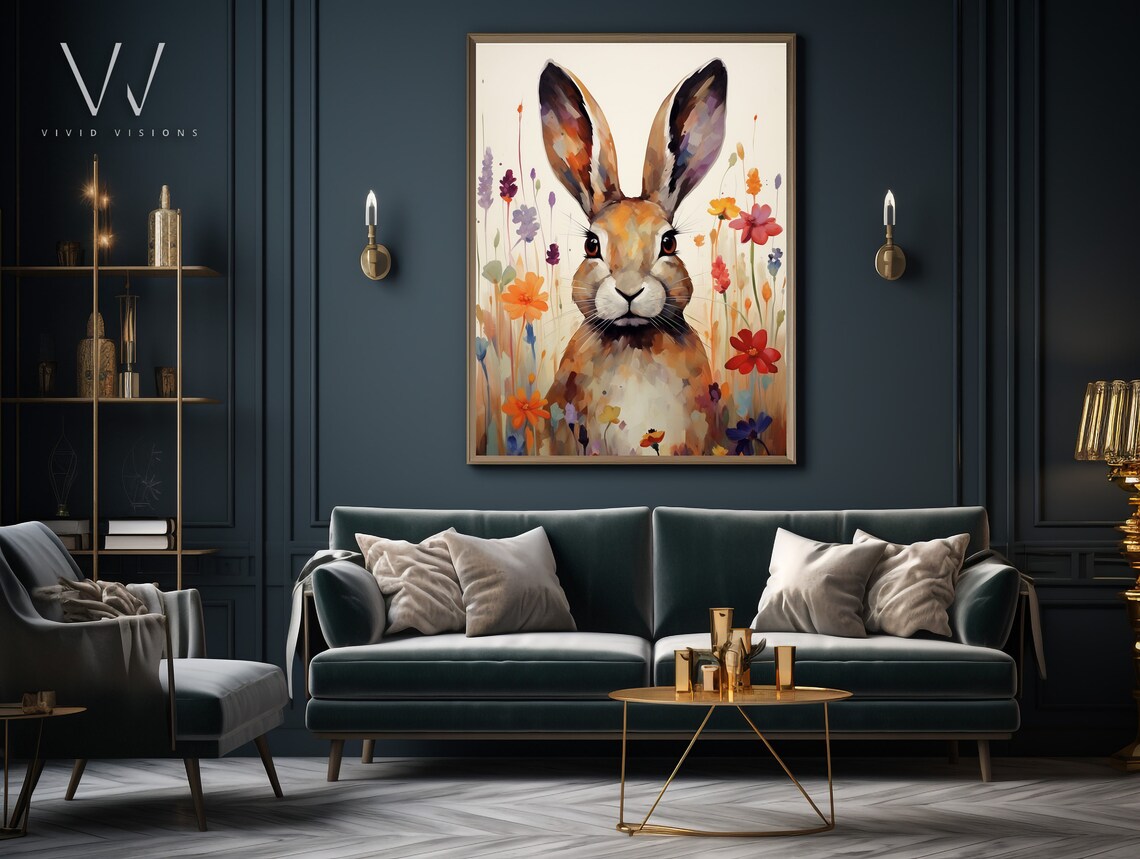 Watercolor Hare Wildflower Field Orange Blooms Animal Poster - Image 4