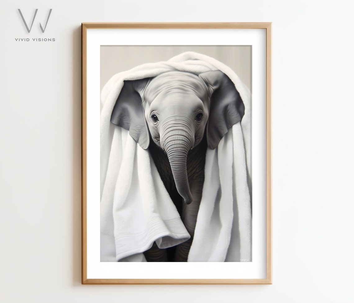 Cute Baby Elephant Wrapped in Warm White Towel Funny Spa Poster