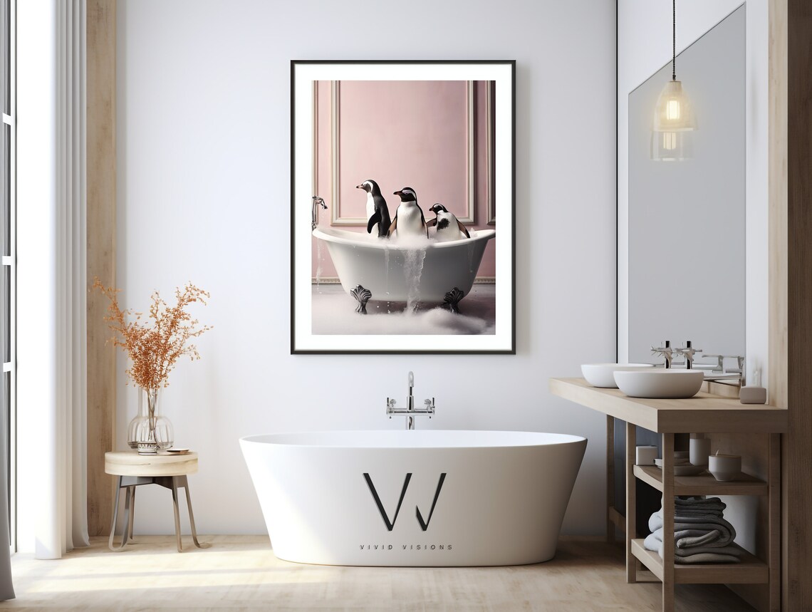 Penguins in a Vintage Bathtub, Rustic Bath Style - Image 3
