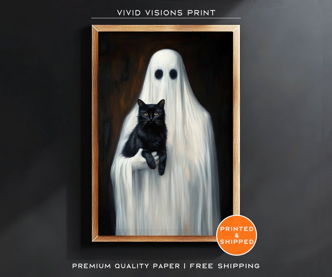 Ghost Holding A Black Cat Poster Spooky Halloween Pet Portrait Art