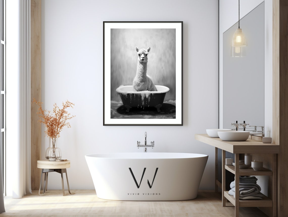 Llama in Vintage Bathtub Black White Funny Bathroom Wall Art - Image 3