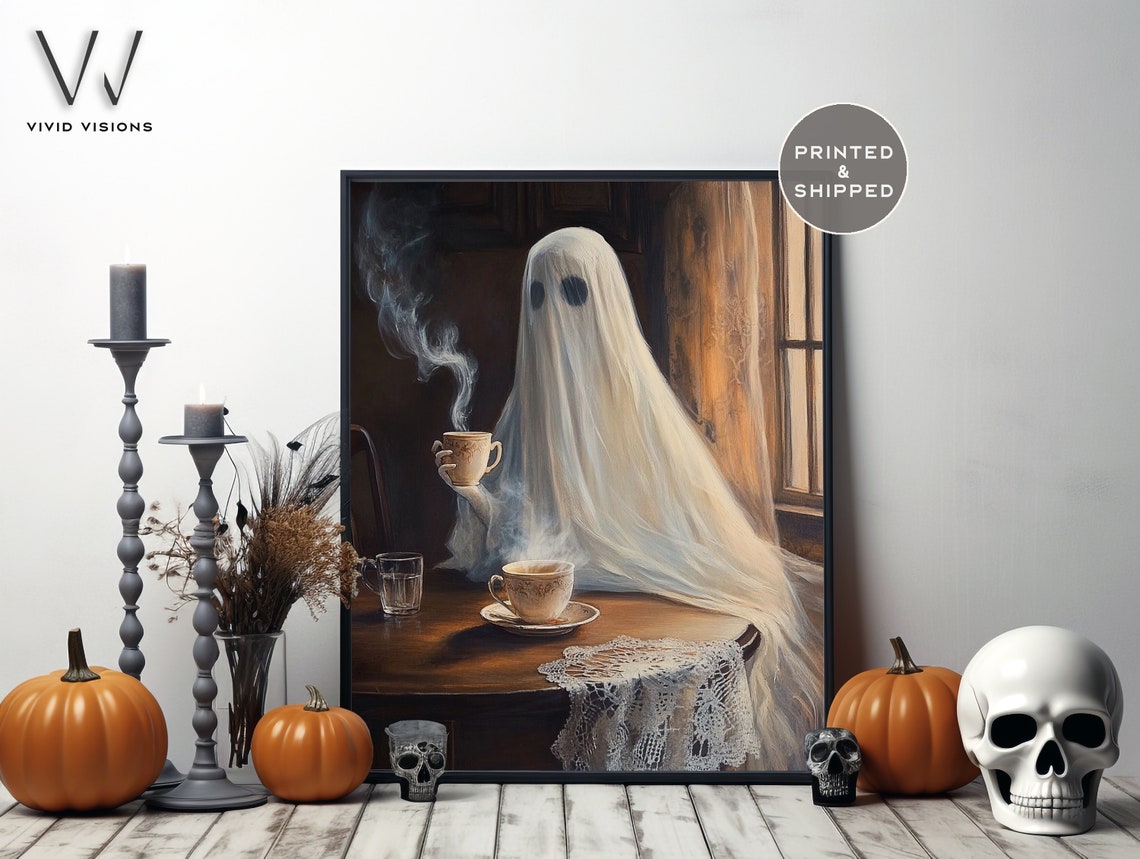 Ghost Sipping Hot Tea By The Window Poster Cozy Vintage Halloween Art - Image 2