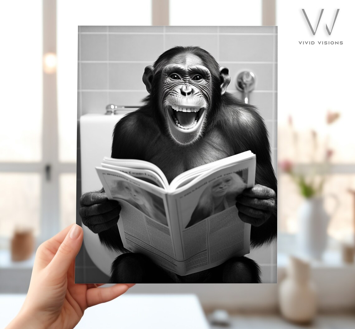 Grinning Chimpanzee Enjoying the Newspaper on the Toilet Poster - Image 4