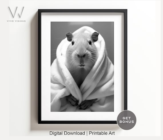 Capybara in Bathrobe Funny Black and White Bathroom Art Poster